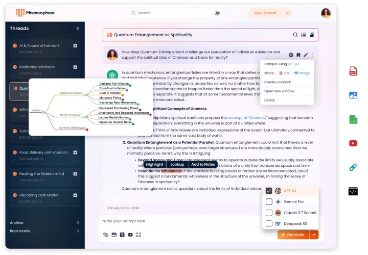 Mnemosphere homepage screenshot, research & search AI tool