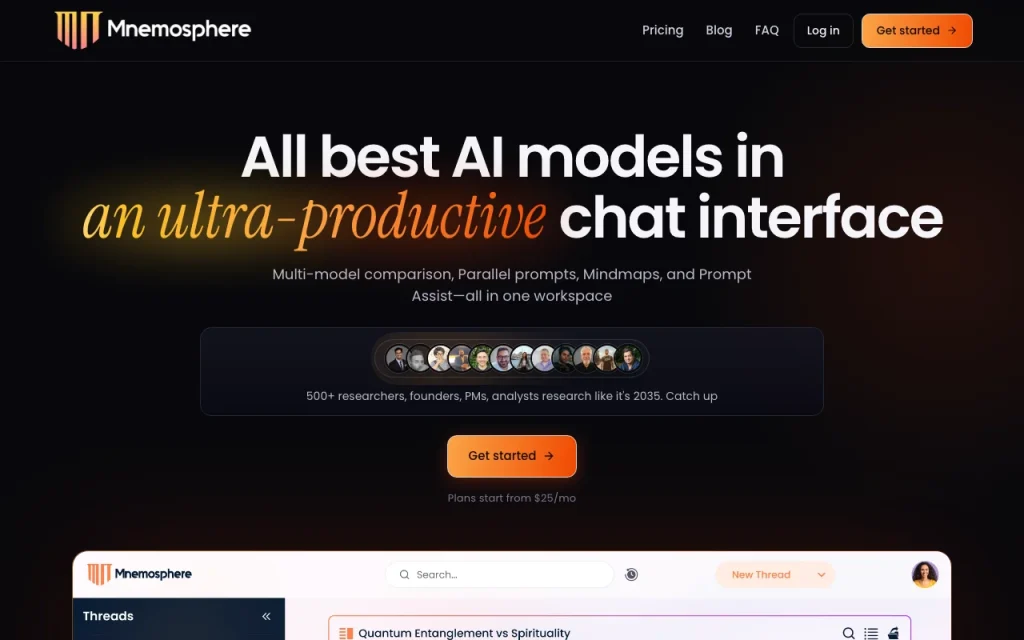 Mnemosphere página principal — captura de pantalla de la herramienta de IA investigación y búsqueda, Oct 2, 2026