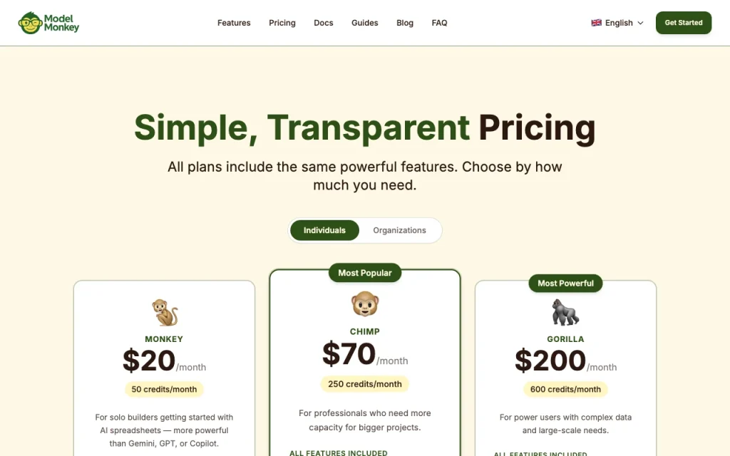 ModelMonkey page de tarifs avec offres et prix — capture d'écran de l'outil d'IA productivité et rédaction, Oct 2, 2026