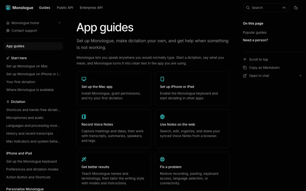 Monologue documentation — screenshot of the audio & voice AI tool, Oct 1, 2026