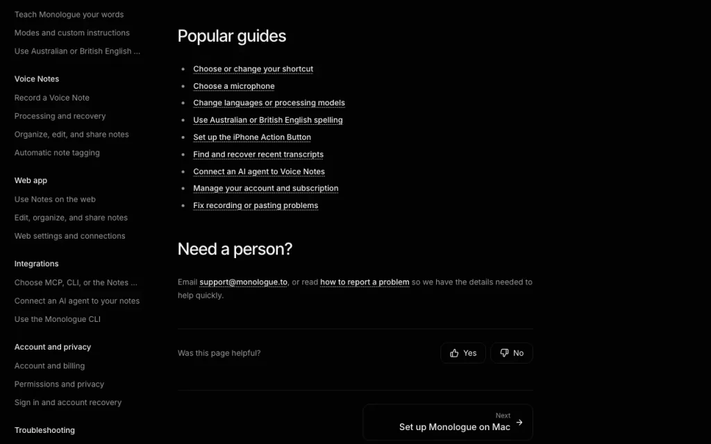 Monologue documentation — screenshot of the audio & voice AI tool, Oct 1, 2026