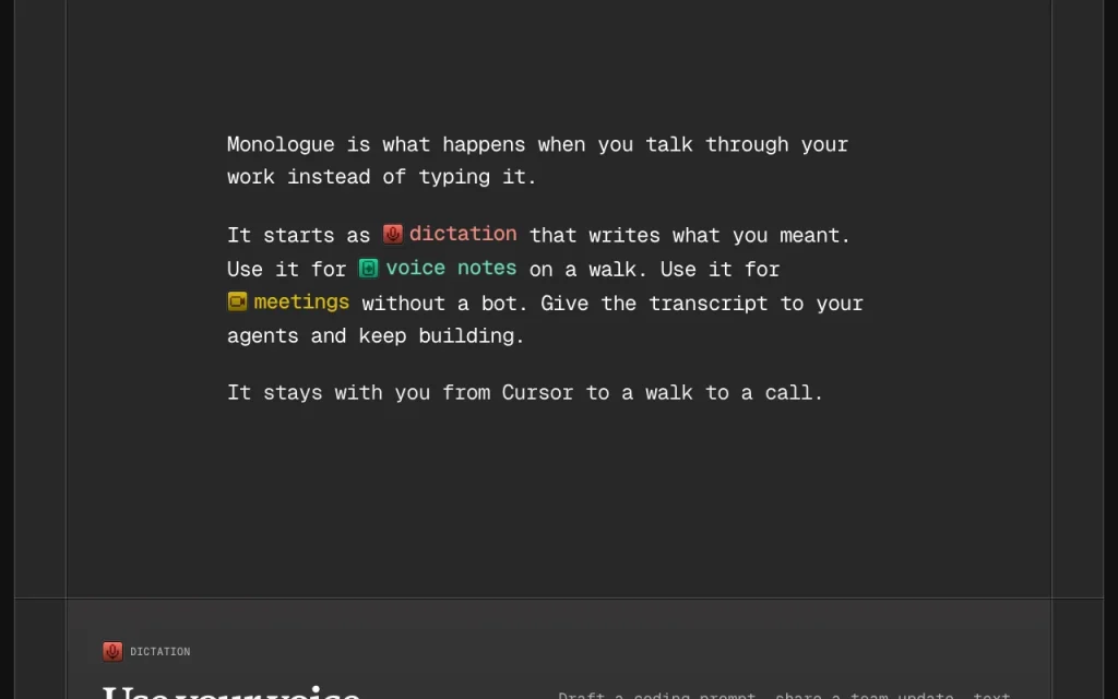 Monologue homepage — screenshot of the audio & voice AI tool, Oct 1, 2026