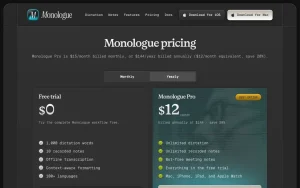 Monologue pricing page homepage screenshot, audio & voice AI tool