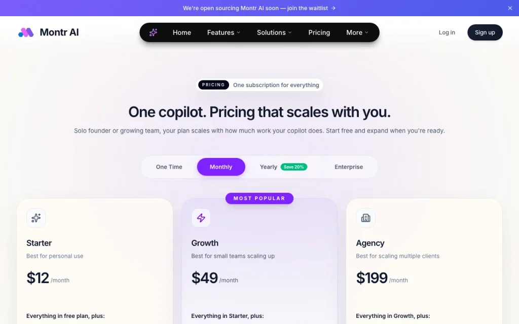 Montr AI pricing page with plans and prices — screenshot of the productivity & writing AI tool, Oct 1, 2026
