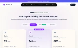 Montr AI pricing page homepage screenshot, productivity & writing AI tool