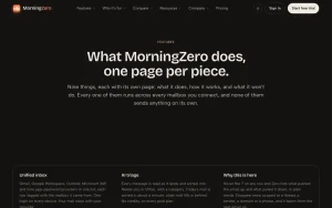 MorningZero features page — screenshot of the productivity & writing AI tool, 2026-10-01