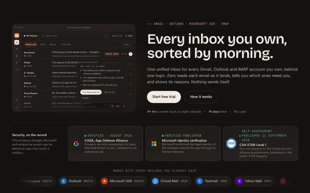 MorningZero homepage — screenshot of the productivity & writing AI tool, Oct 1, 2026