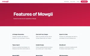Mowgli features page — screenshot of the productivity & writing AI tool, 2026-10-02