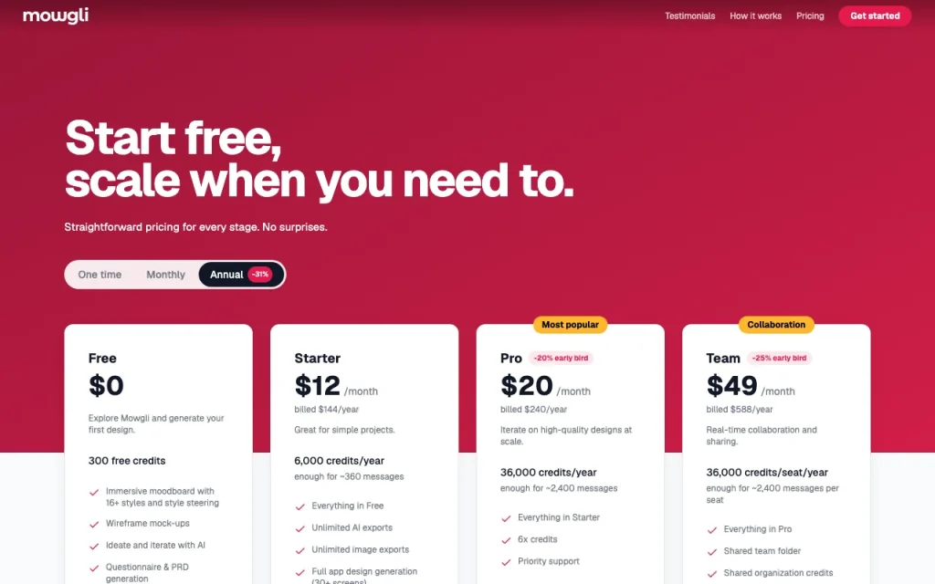 Mowgli pricing page with plans and prices — screenshot of the productivity & writing AI tool, Oct 2, 2026