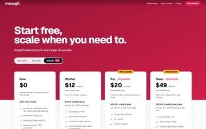Mowgli pricing page with plans and prices — screenshot of the productivity & writing AI tool, 2026-10-02