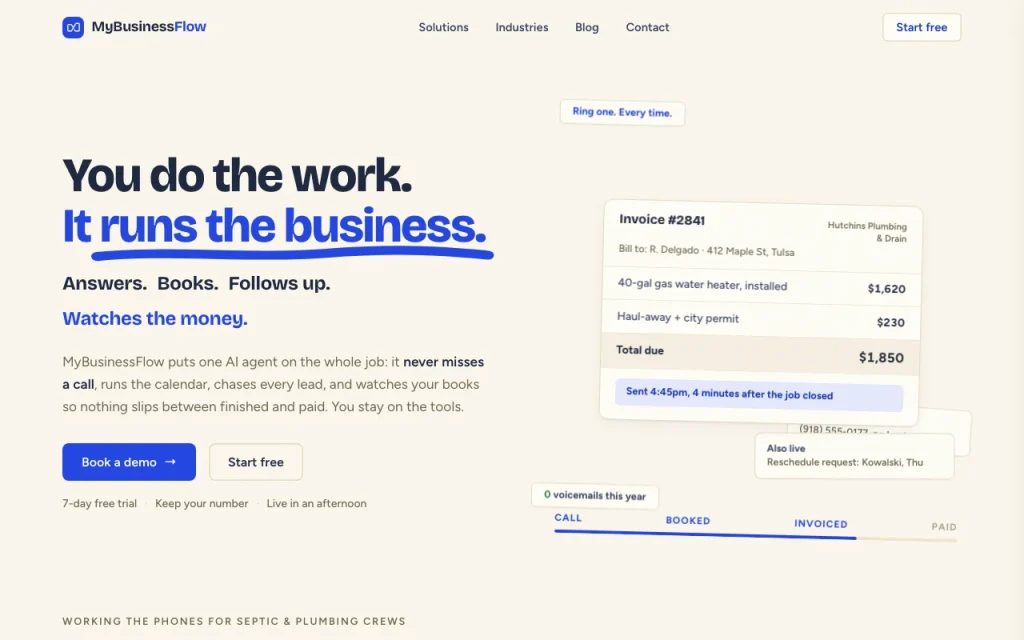 MyBusinessFlow homepage — screenshot of the productivity & writing AI tool, Oct 2, 2026
