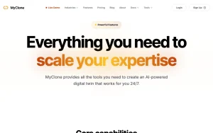 MyClone features page — screenshot of the chat assistants AI tool, 2026-10-02