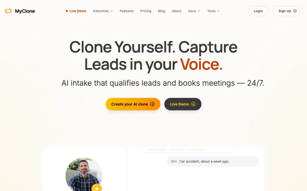 MyClone homepage screenshot, chat assistants AI tool