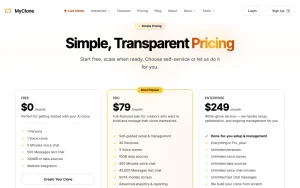 MyClone pricing page with plans and prices — screenshot of the chat assistants AI tool, 2026-10-02