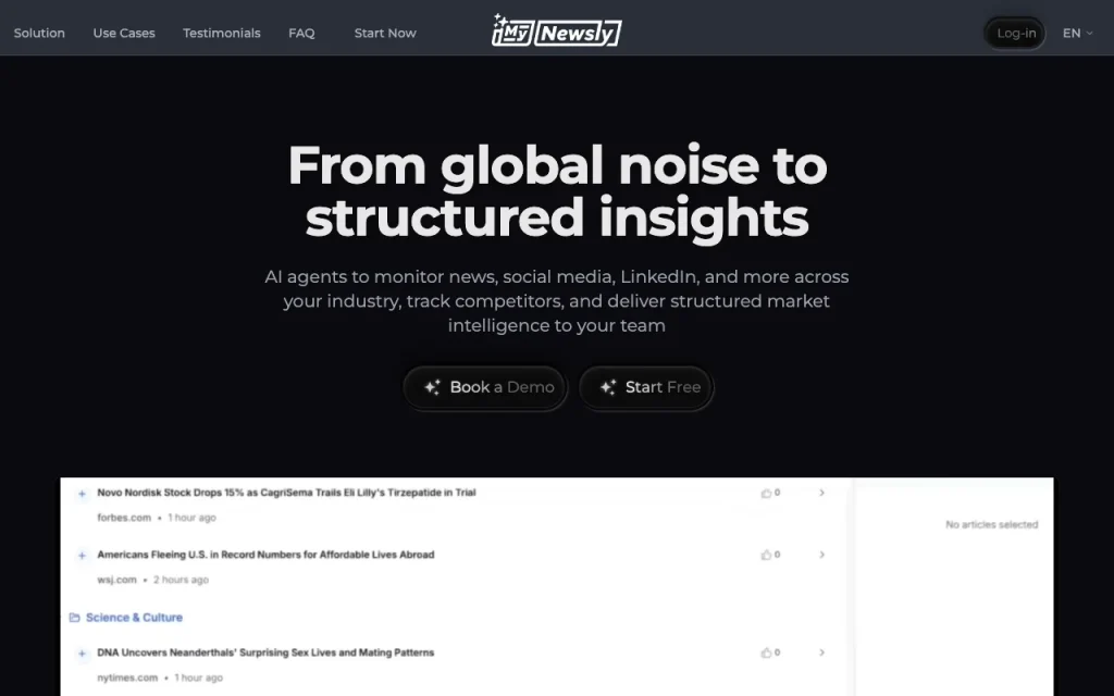 MyNewsly homepage — screenshot of the research & search AI tool, Oct 1, 2026