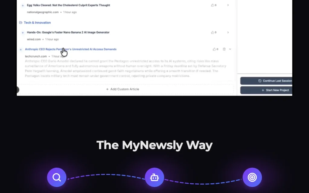 MyNewsly homepage — screenshot of the research & search AI tool, Oct 1, 2026