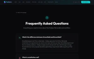 MySpec FAQ page — screenshot of the coding AI tool, 2026-10-01