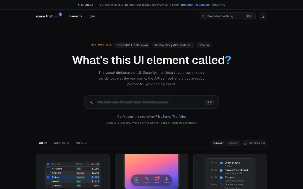NameThatUI Startseite – Screenshot des KI-Tools coding, Oct 1, 2026