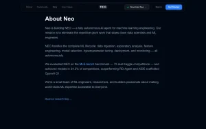 NEO about page — screenshot of the coding AI tool, 2026-10-02