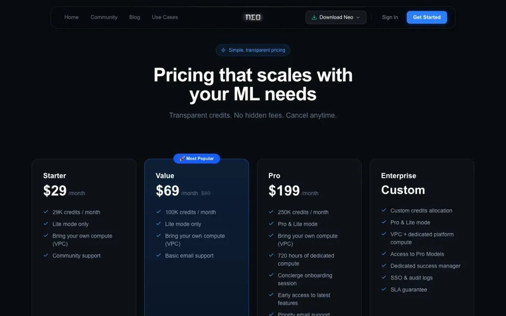 NEO pricing page with plans and prices — screenshot of the coding AI tool, Oct 2, 2026