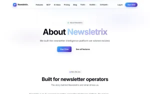 Newsletrix about page — screenshot of the research & search AI tool, 2026-10-02
