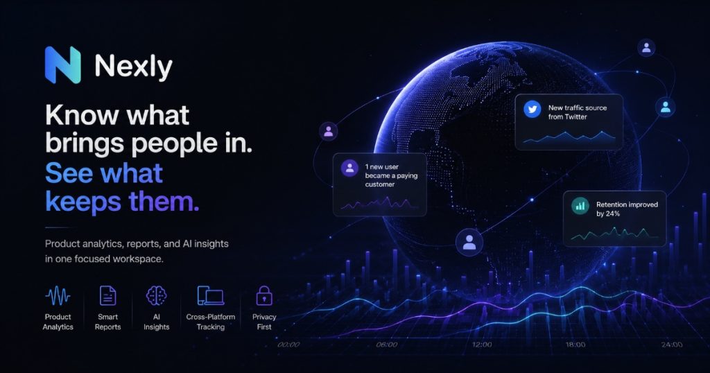 Capture d'écran de la page d'accueil de Nexly Analytics, outil d'IA productivité et rédaction