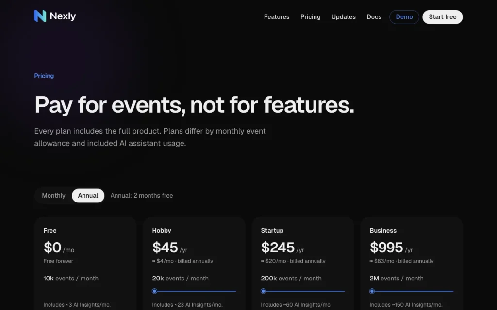 Nexly Analytics page de tarifs avec offres et prix — capture d'écran de l'outil d'IA productivité et rédaction, Oct 1, 2026