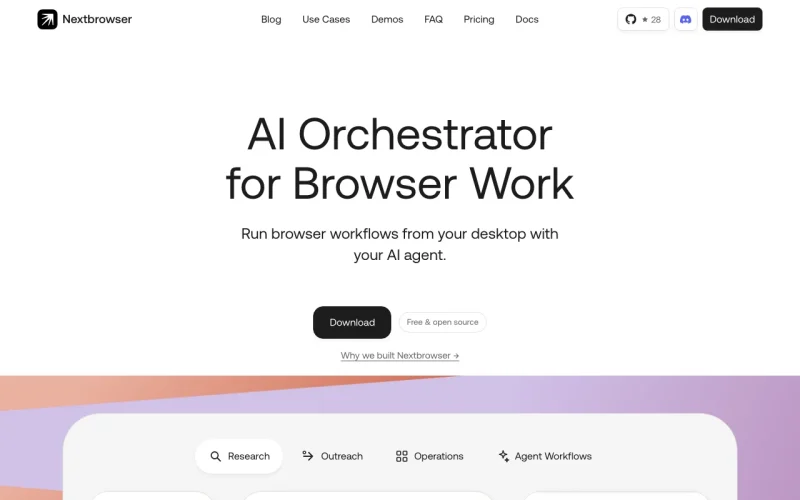 Nextbrowser homepage screenshot, productivity & writing AI tool