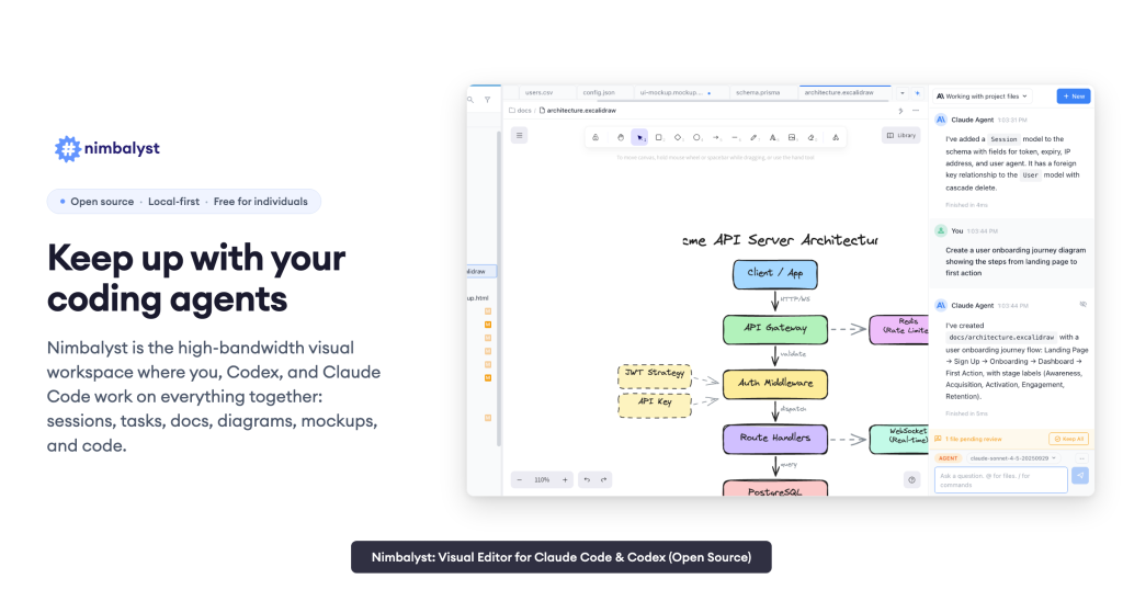 Nimbalyst homepage screenshot, coding AI tool