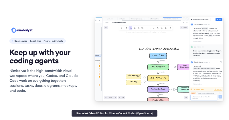 Nimbalyst homepage screenshot, coding AI tool