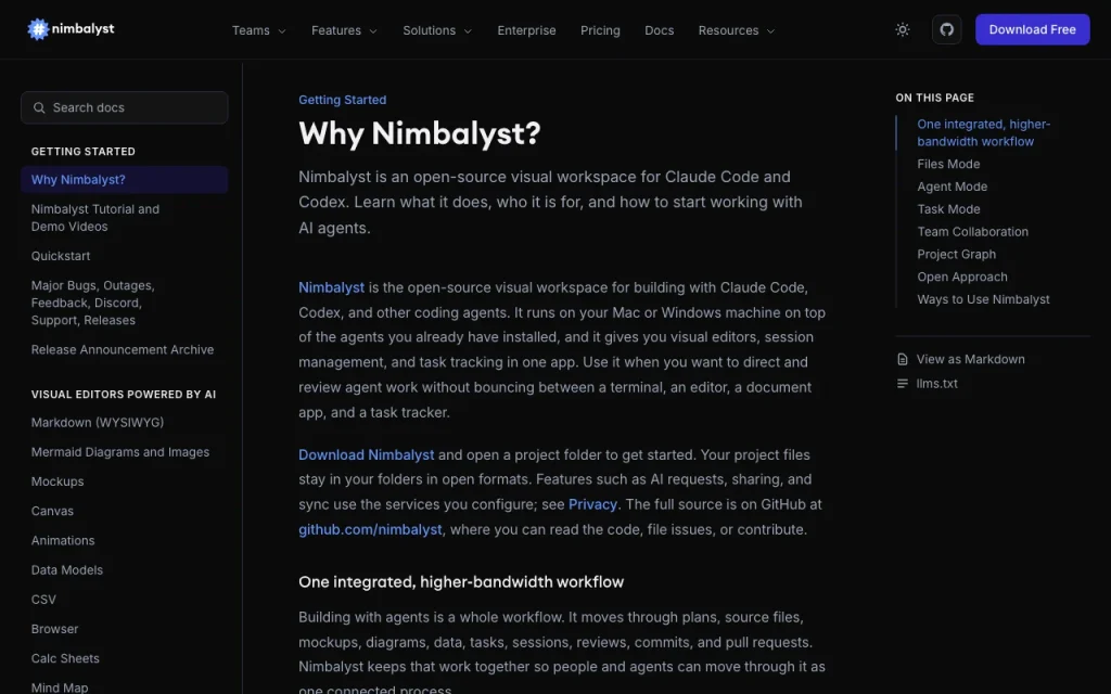 Nimbalyst documentation — screenshot of the coding AI tool, Oct 1, 2026
