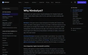 Nimbalyst docs page homepage screenshot, coding AI tool