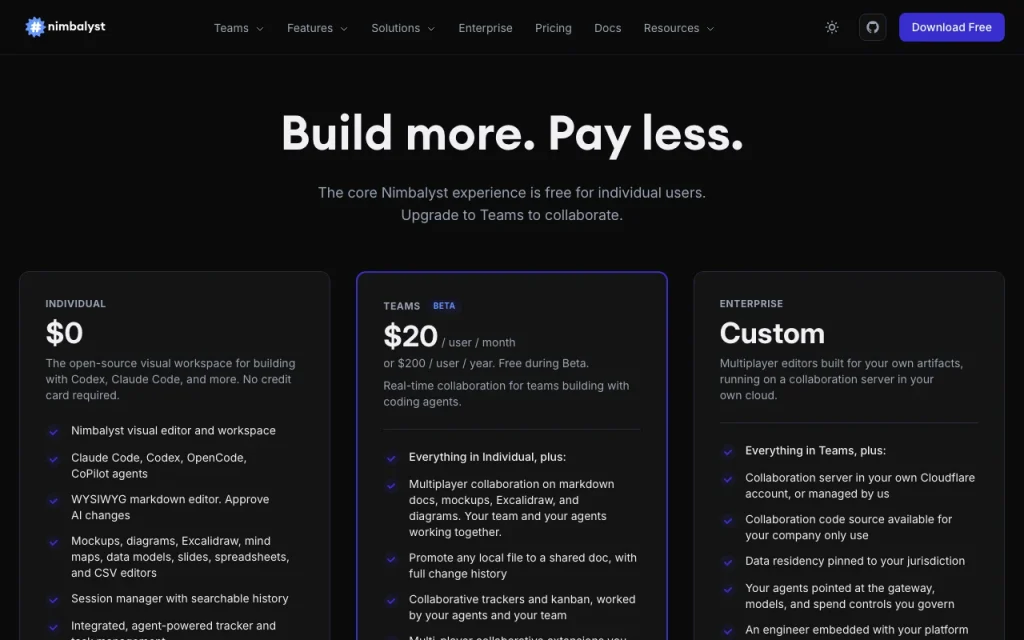 Nimbalyst pricing page with plans and prices — screenshot of the coding AI tool, Oct 1, 2026