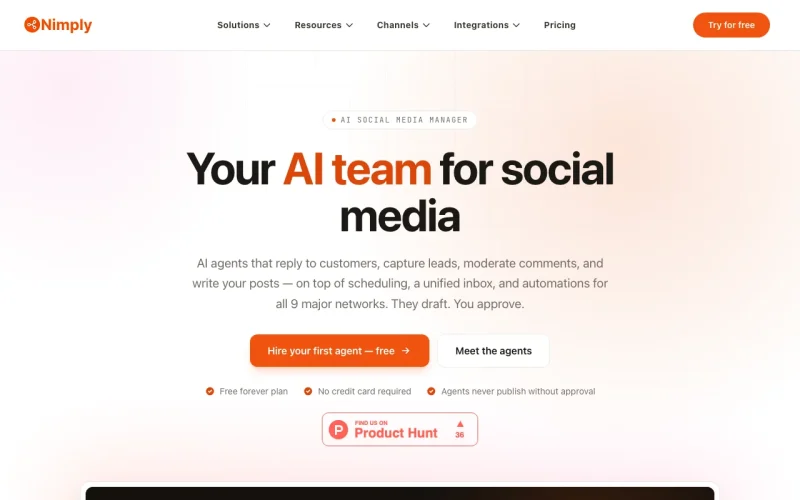 Nimply homepage screenshot, productivity & writing AI tool