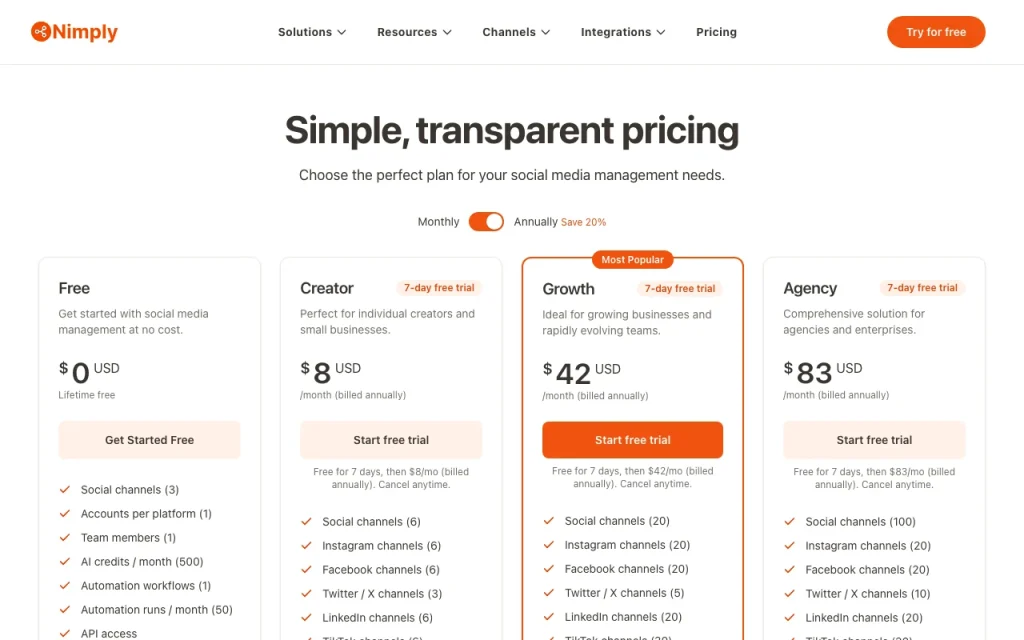 Nimply página de precios con planes y precios — captura de pantalla de la herramienta de IA productividad y escritura, Oct 1, 2026