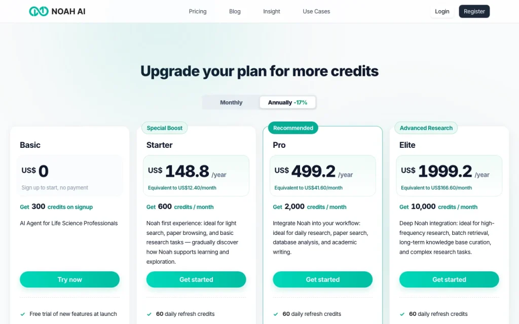 Noah AI pricing page with plans and prices — screenshot of the research & search AI tool, Oct 2, 2026