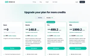 Noah AI pricing page with plans and prices — screenshot of the research & search AI tool, 2026-10-02