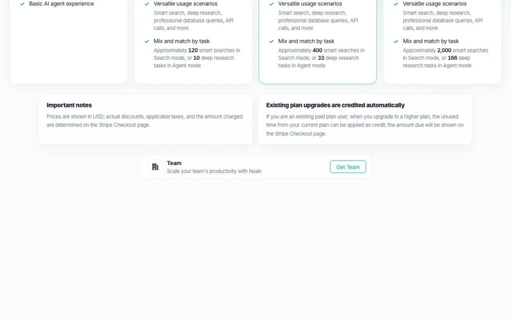 Noah AI pricing page with plans and prices — screenshot of the research & search AI tool, Oct 2, 2026
