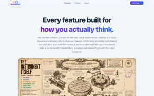 Nodalist AI features page — screenshot of the research & search AI tool, 2026-10-02