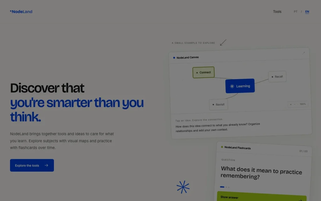 NodeLand homepage screenshot, productivity & writing AI tool