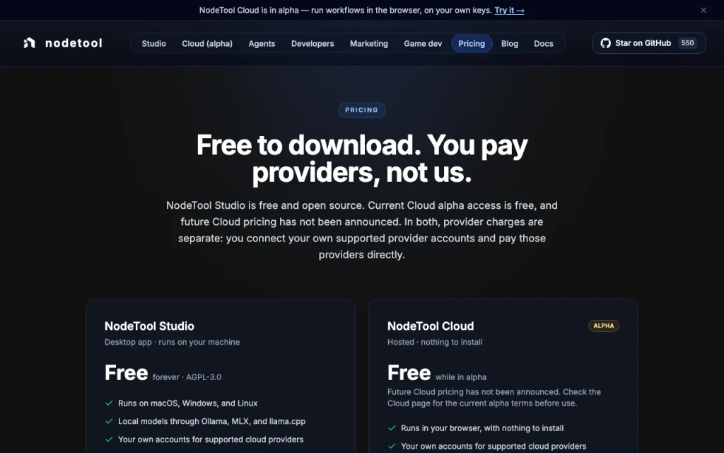 NodeTool pricing page with plans and prices — screenshot of the video AI tool, Oct 2, 2026