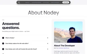 Nodey about page — screenshot of the productivity & writing AI tool, 2026-10-02
