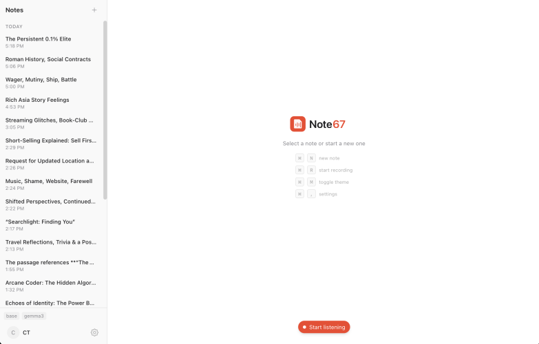 Note67 Startseite, Screenshot, KI-Tool produktivität & schreiben