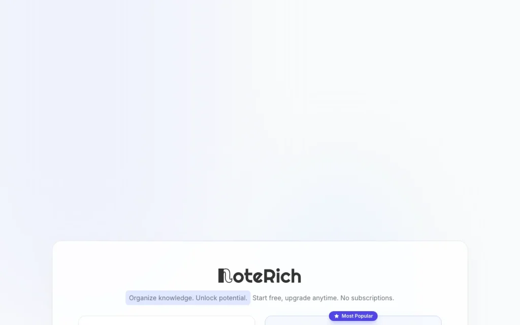 NoteRich página de precios con planes y precios — captura de pantalla de la herramienta de IA productividad y escritura, Oct 1, 2026