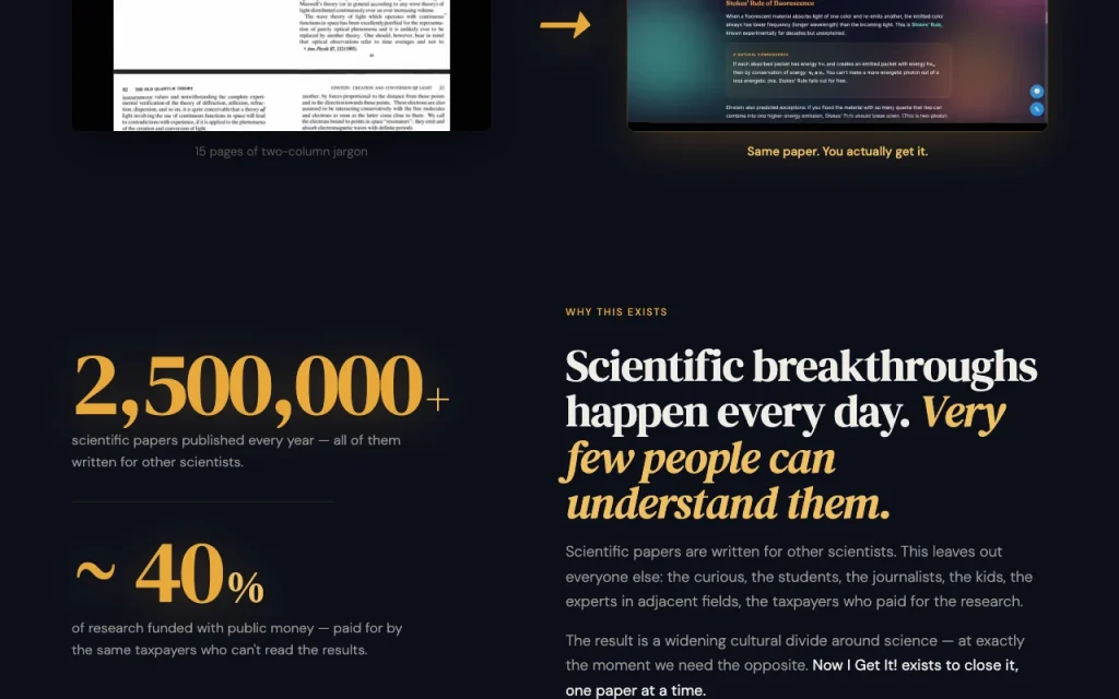 Now I Get It! homepage — screenshot of the research & search AI tool, Oct 2, 2026