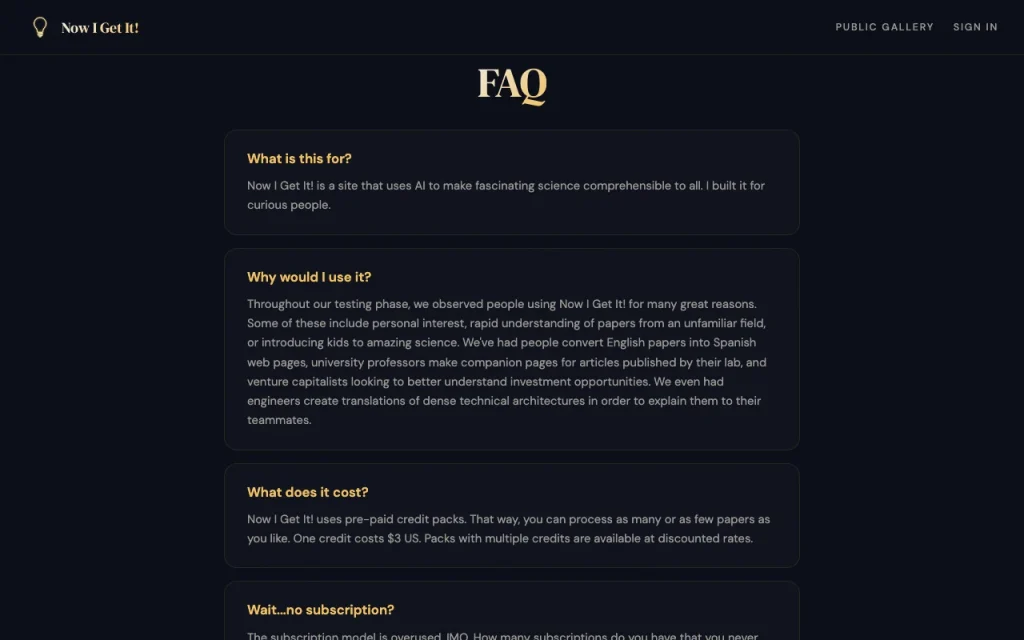 Now I Get It! pricing page with plans and prices — screenshot of the research & search AI tool, Oct 2, 2026