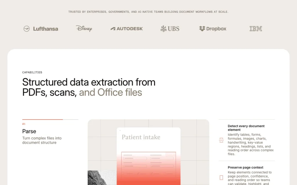 Nutrient Data Extraction API homepage — screenshot of the productivity & writing AI tool, Oct 1, 2026