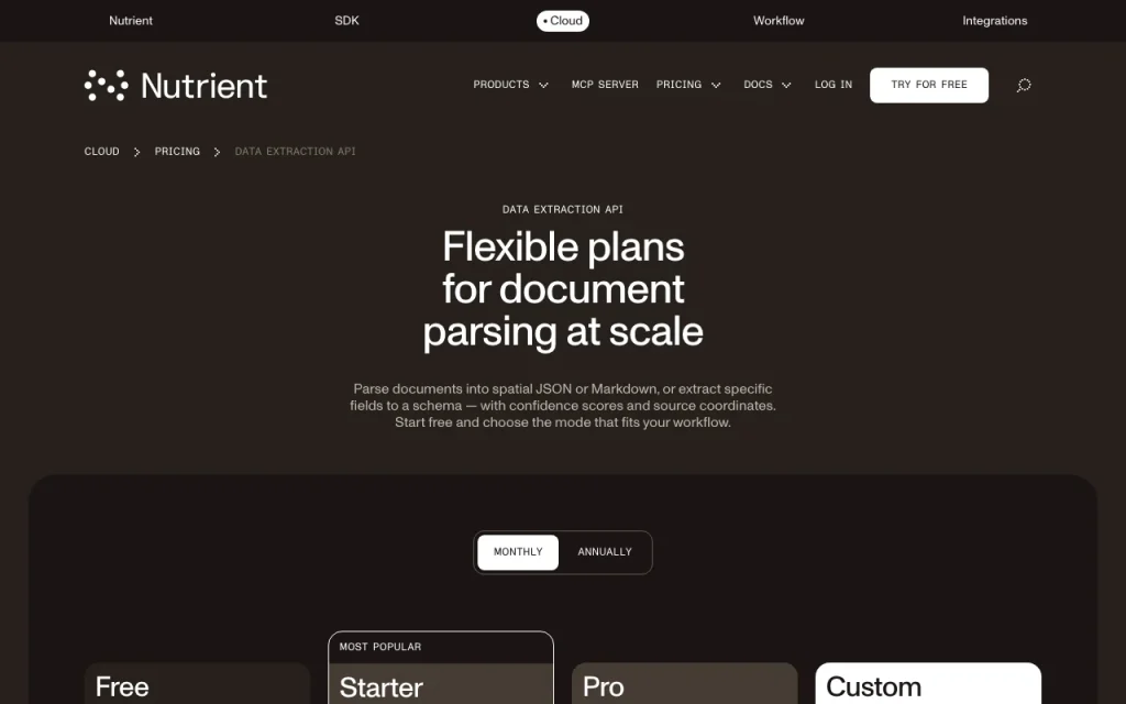 Nutrient Data Extraction API page de tarifs avec offres et prix — capture d'écran de l'outil d'IA productivité et rédaction, Oct 1, 2026