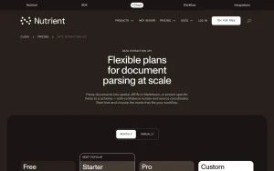 Nutrient Data Extraction API pricing page with plans and prices — screenshot of the productivity & writing AI tool, 2026-10-01