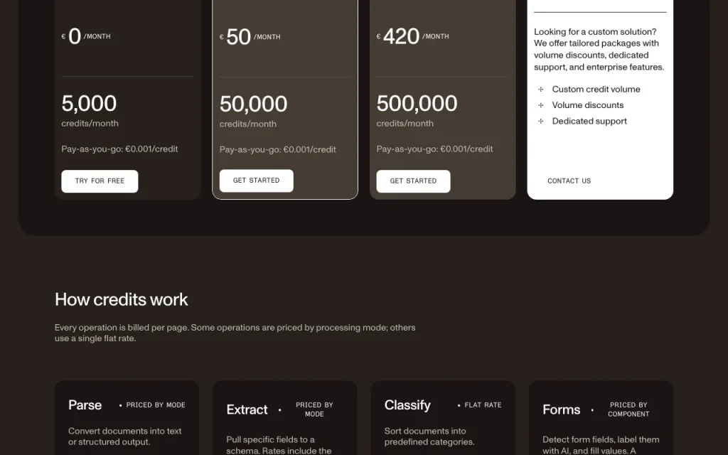Nutrient Data Extraction API pricing page with plans and prices — screenshot of the productivity & writing AI tool, Oct 1, 2026